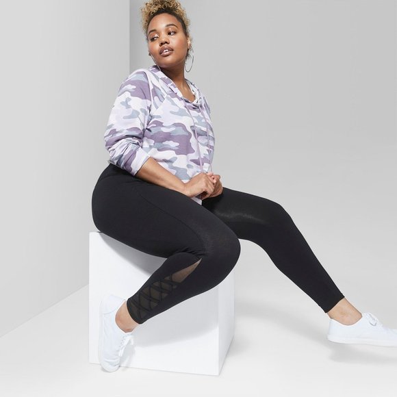 wild fable Pants - High Waisted Black Leggings with Strappy Mesh Leg